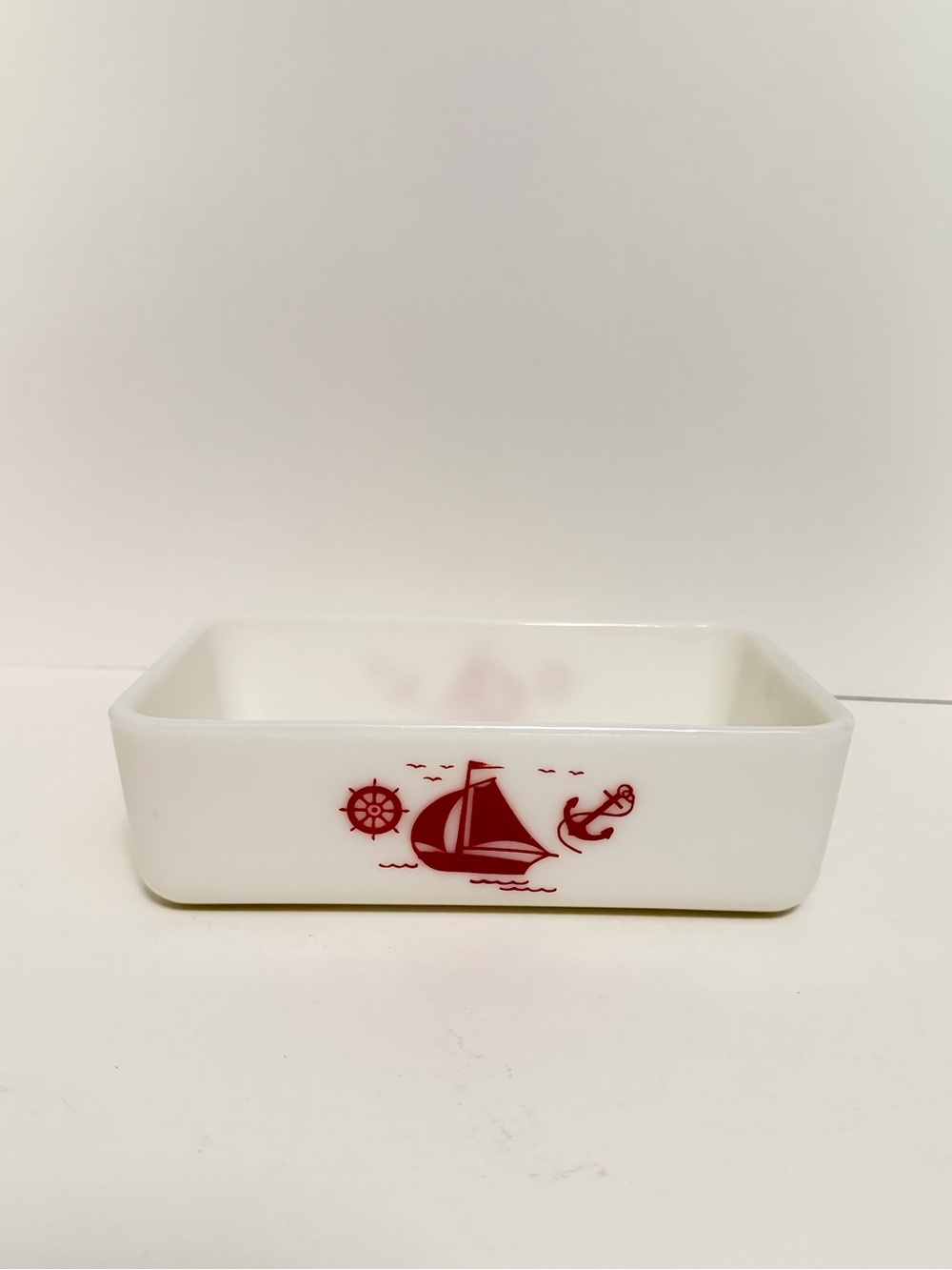 Vintage McKee White Milkglass Refrigerator Dish w/ Red Sailboat